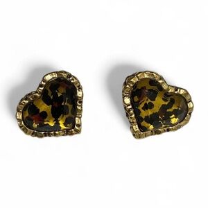 Betsey Johnson Leopard Print Gold Heart Stud Earrings
